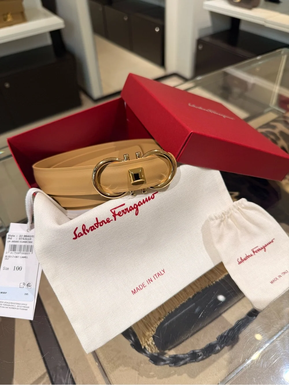 Salvatore Ferragamo Donna H.25 Calfskin Gancini Camel Belt Gold Hardware SZ 100